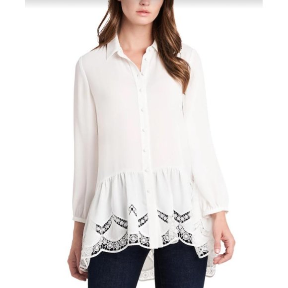 Tops - Vince Camuto Solid Lace-Trimmed Button-Down Tunic XS